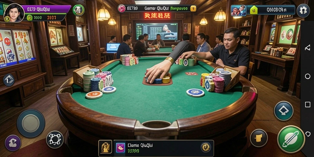 Tampilan gameplay menyenangkan dari EE789 dengan kartu dan interaksi pemain.