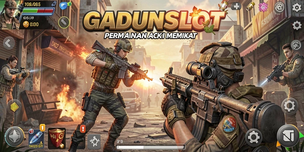 Tampilan gameplay menegangkan dalam GADUNSLOT di mode TPS.