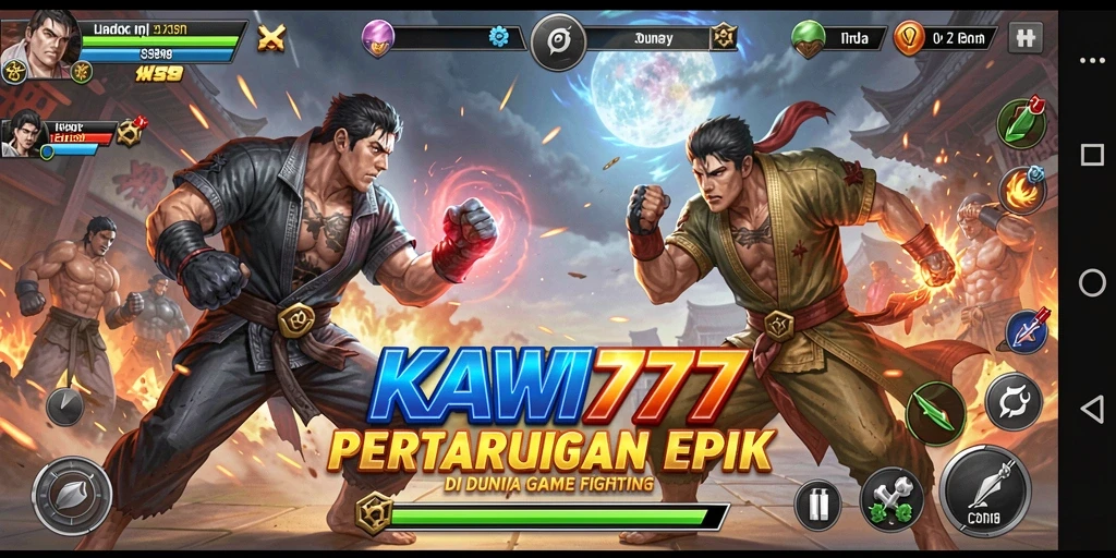 Tampilan seru dalam gameplay Fighting KAWI777 dengan karakter yang bertarung.