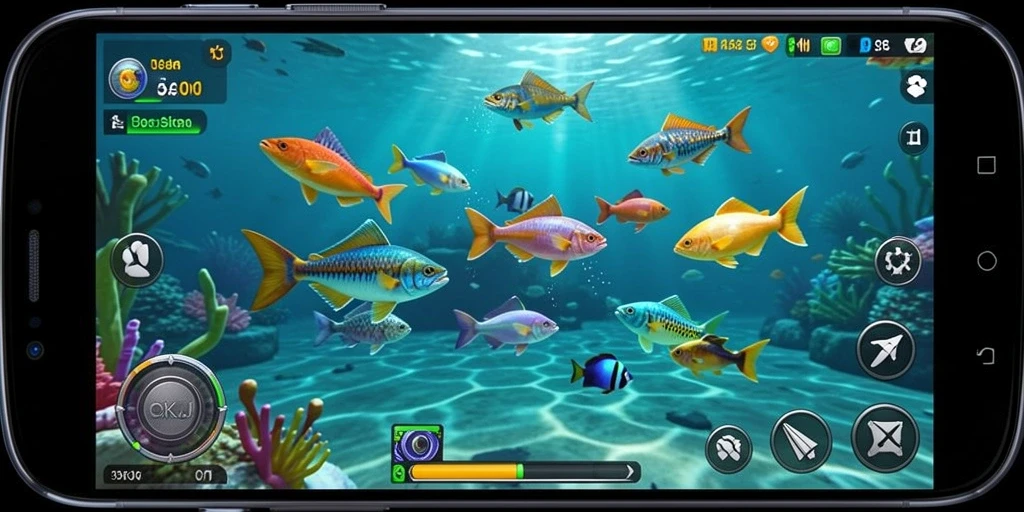 Tampilan gameplay seru di OKJK dengan aksi menembak ikan.