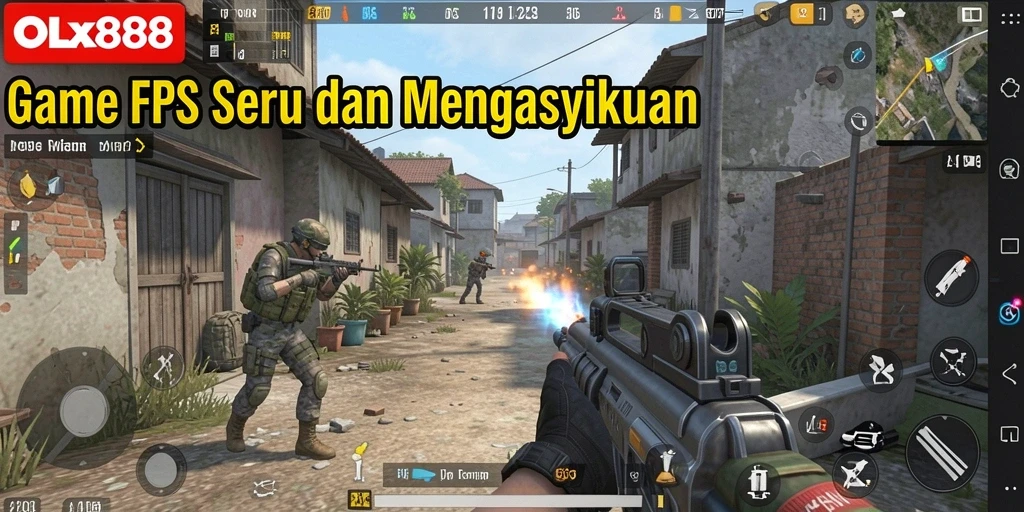 Screenshot OLX888 menunjukkan aksi tembak-menembak intens di medan perang.