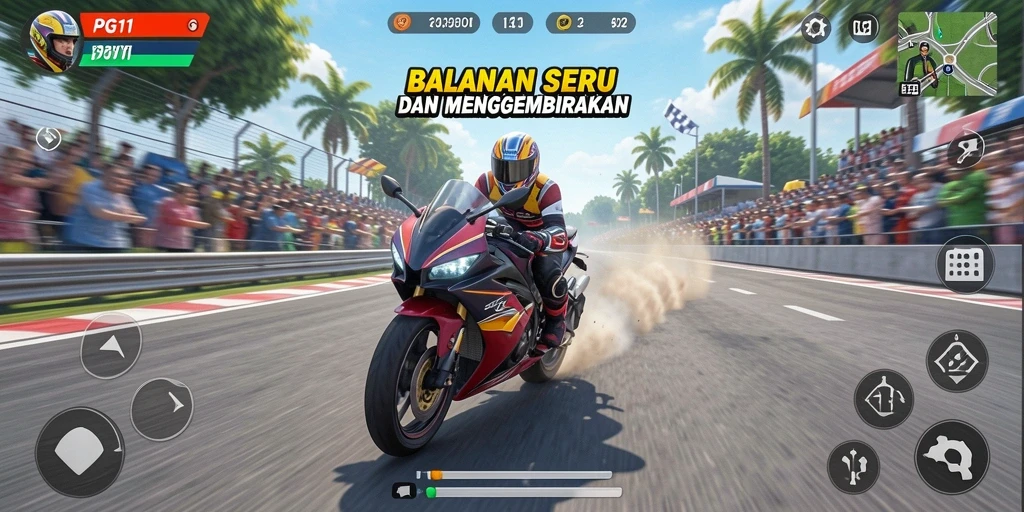 Screenshot PG11 yang menunjukkan aksi balapan motor yang seru.